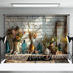 Aperturee - Boho Bottle Feather Brick Wall Spring Photo Backdrop