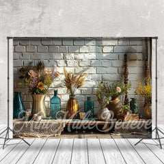 Aperturee - Boho Bottle Feather Brick Wall Spring Photo Backdrop