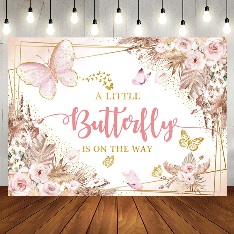 Aperturee - Boho Butterfly Floral Baby Shower Backdrop For Girl