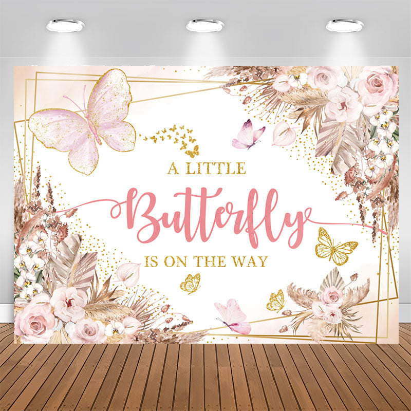 Aperturee - Boho Butterfly Floral Baby Shower Backdrop For Girl