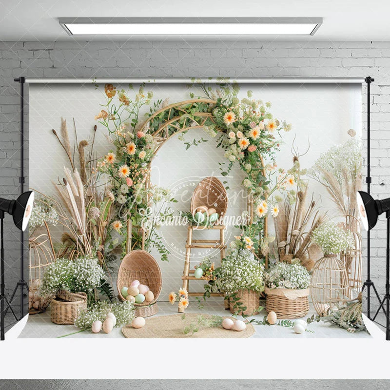 Aperturee - Boho Dried Flowers Basket Eggs Easter Photo Backdrop