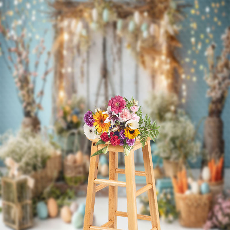 Aperturee - Bokeh Blue Retro WHite Wood Floral Easter Backdrop