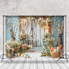 Aperturee - Bokeh Blue Retro WHite Wood Floral Easter Backdrop