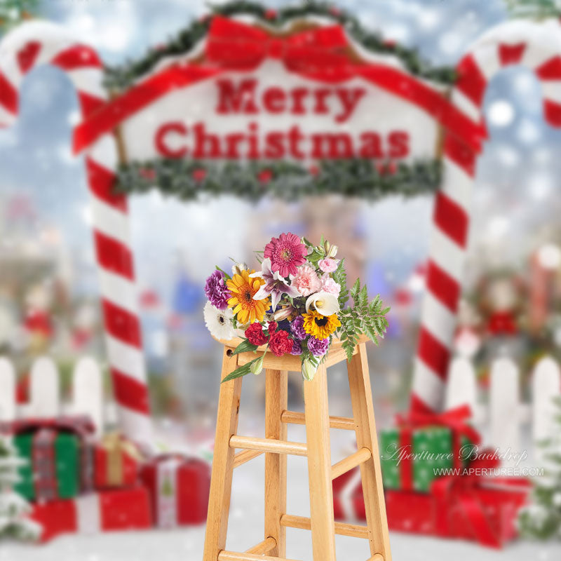 Aperturee - Bokeh Snowflake Candy Cane Merry Christmas Backdrop
