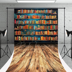 Aperturee - Bookshelf Wooden Floor Back To School Photo Backdrop