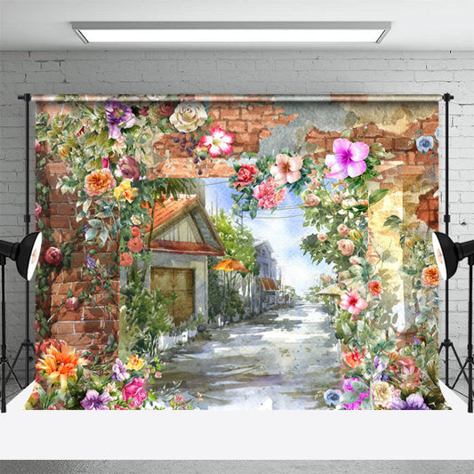 Aperturee - Brick Wall Flower Oil Painting Town Street Backdrop