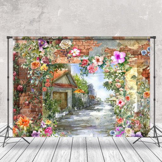 Aperturee - Brick Wall Flower Oil Painting Town Street Backdrop