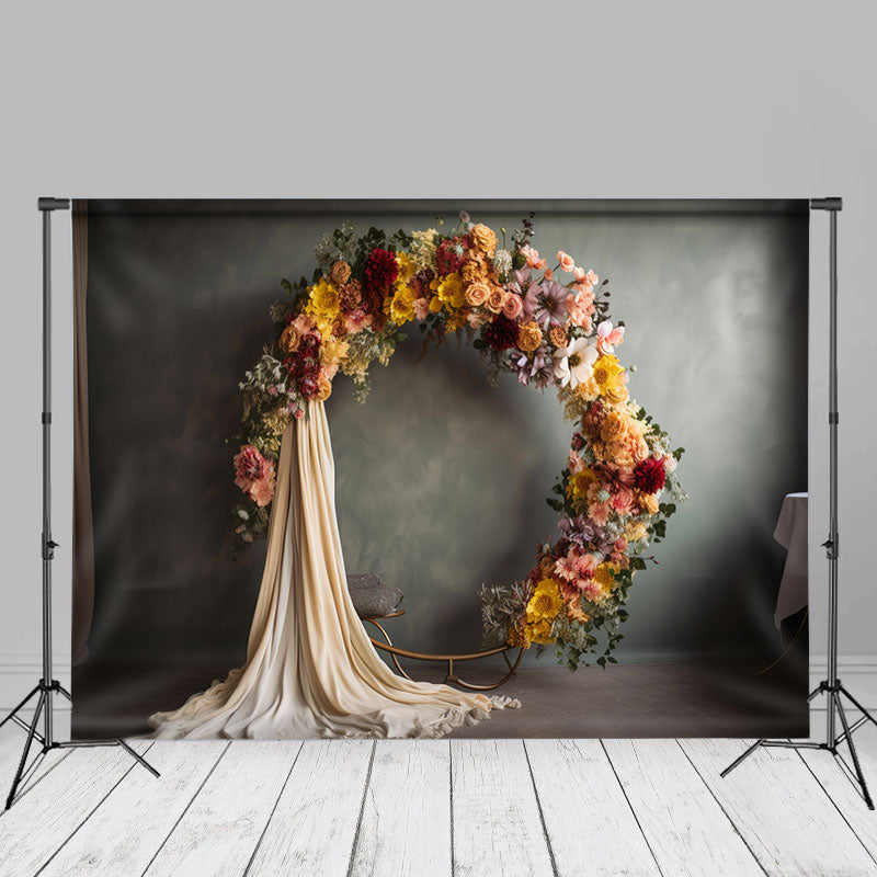 Aperturee - Bright Wreath Grey Wall Floral Backdrop For Photo