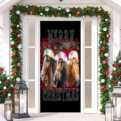 Aperturee - Brown Horse Black Simple Merry Christmas Door Cover