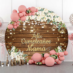 Aperturee - Brown Wood Floral Leaves Round Birthday Backdrop