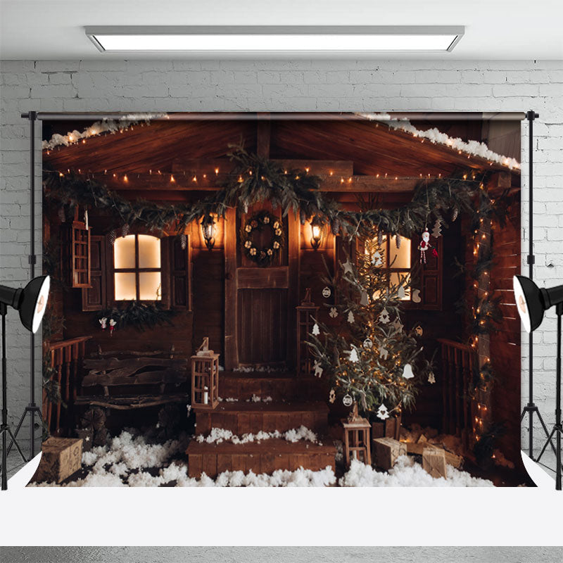 Aperturee - Brown Wooden House Outdoor Photo Christmas Backdrop