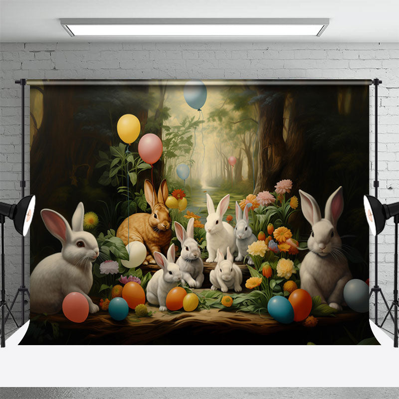 Aperturee - Bunny Eggs Balloon Floral Forest Easter Backdrop