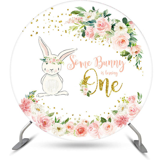 Aperturee - Bunny Floral Leaves Round 1st Birthday Backdrop