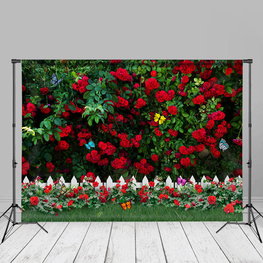 Aperturee - Butterfly Red Roses Garden Spring Backdrop For Photo