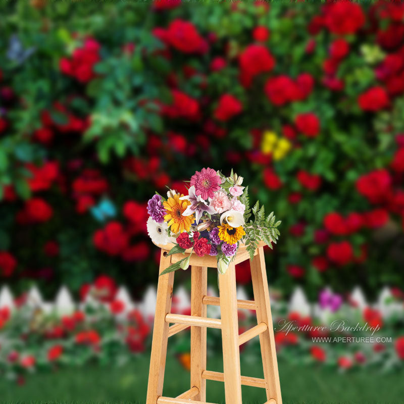 Aperturee - Butterfly Red Roses Garden Spring Backdrop For Photo