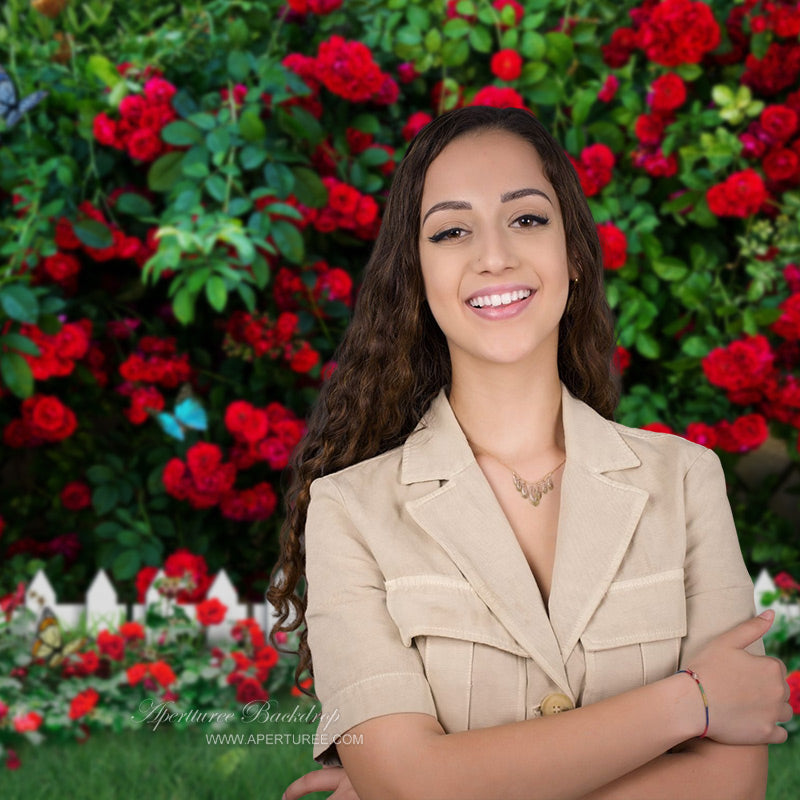 Aperturee - Butterfly Red Roses Garden Spring Backdrop For Photo