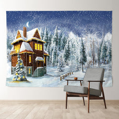Aperturee - Cabin In Snow Forest Eve Painting Winter Backdrop