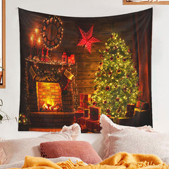 Aperturee - Cabin Red Star Tree Fireplace Christmas Backdrop