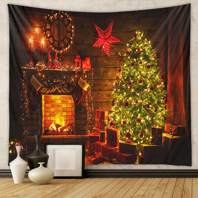Aperturee - Cabin Red Star Tree Fireplace Christmas Backdrop