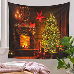 Aperturee - Cabin Red Star Tree Fireplace Christmas Backdrop