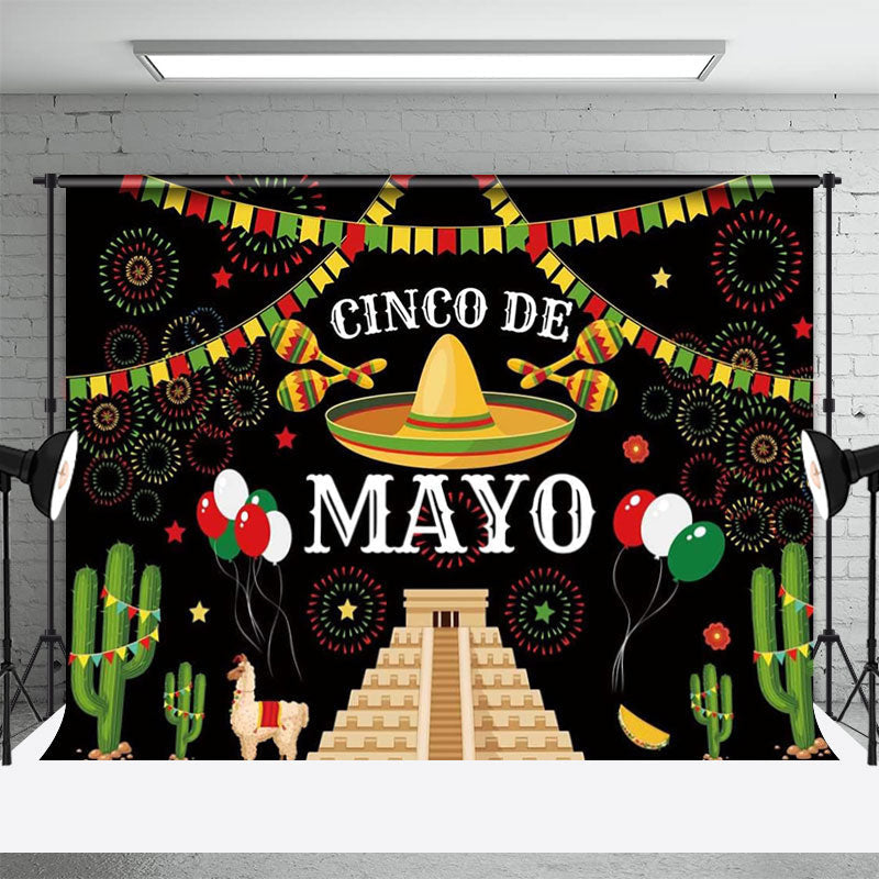 Aperturee - Cactus Alpaca Flags Cinco Mayo Mexican Fiesta Backdrop