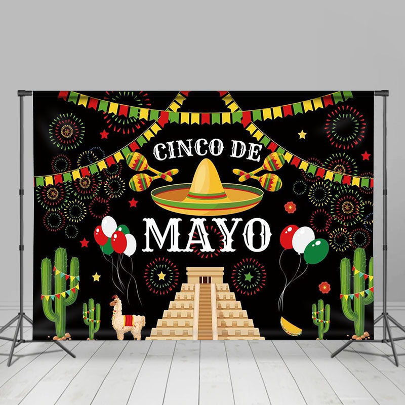 Aperturee - Cactus Alpaca Flags Cinco Mayo Mexican Fiesta Backdrop