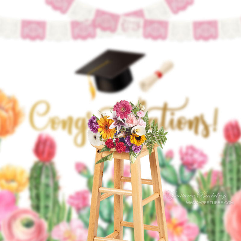 Aperturee - Cactus Floral Flags Congrats Photo Studio Backdrop