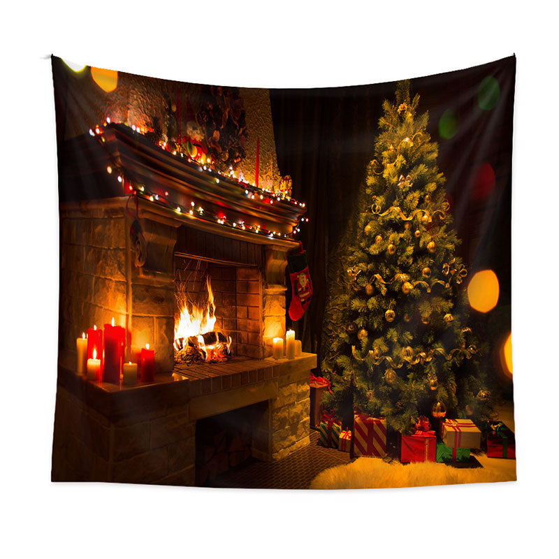 Aperturee - Candle Fireplace Gold Ball Tree Christmas Backdrop