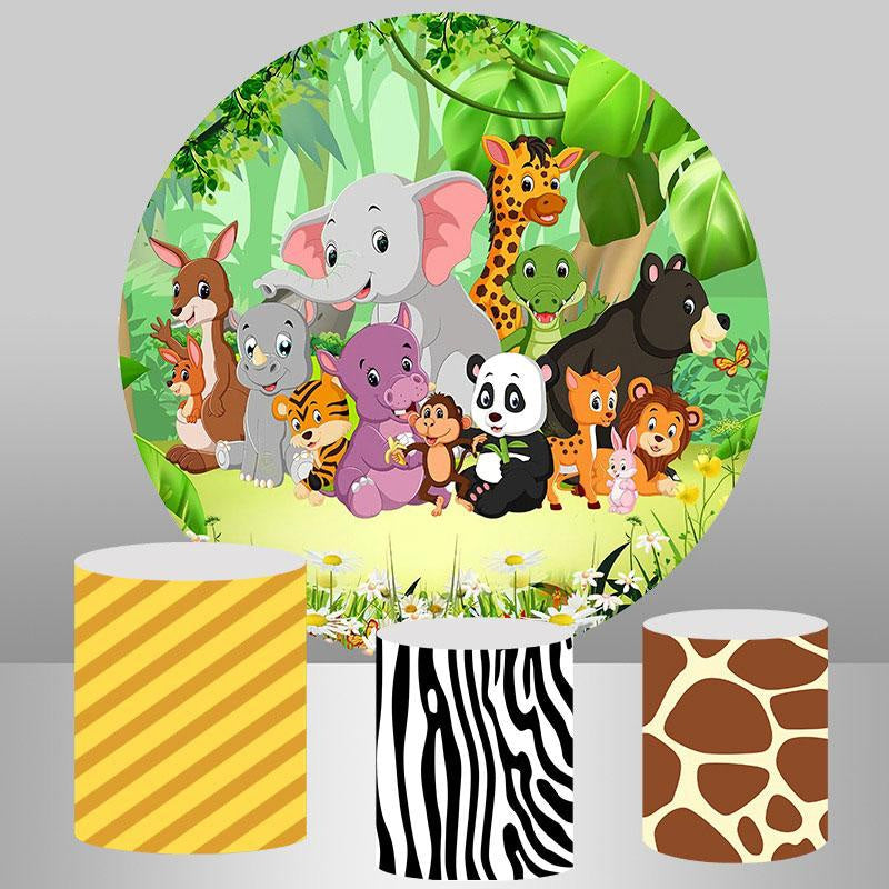 Aperturee Cartoon Animals Jungle Round Happy Birthday Backdrop