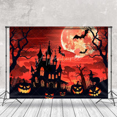Aperturee - Cartoon Castle Moon Red Sky Pumpkin Halloween Backdrop