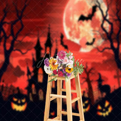 Aperturee - Cartoon Castle Moon Red Sky Pumpkin Halloween Backdrop