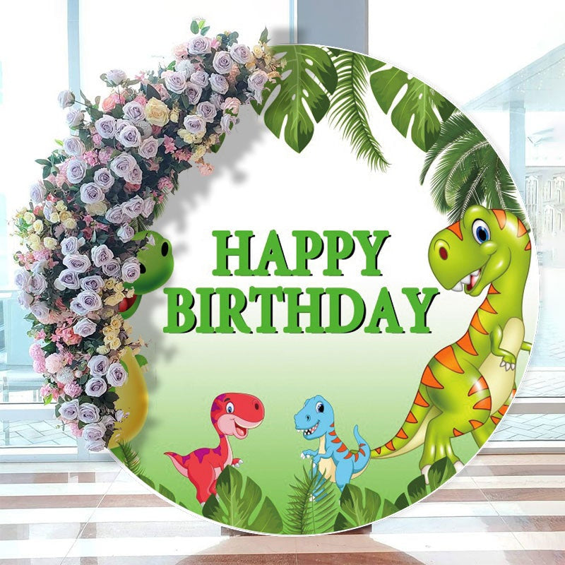 Aperturee - Cartoon Dinosaur Happy Birthday Green Round Backdrops for Boy