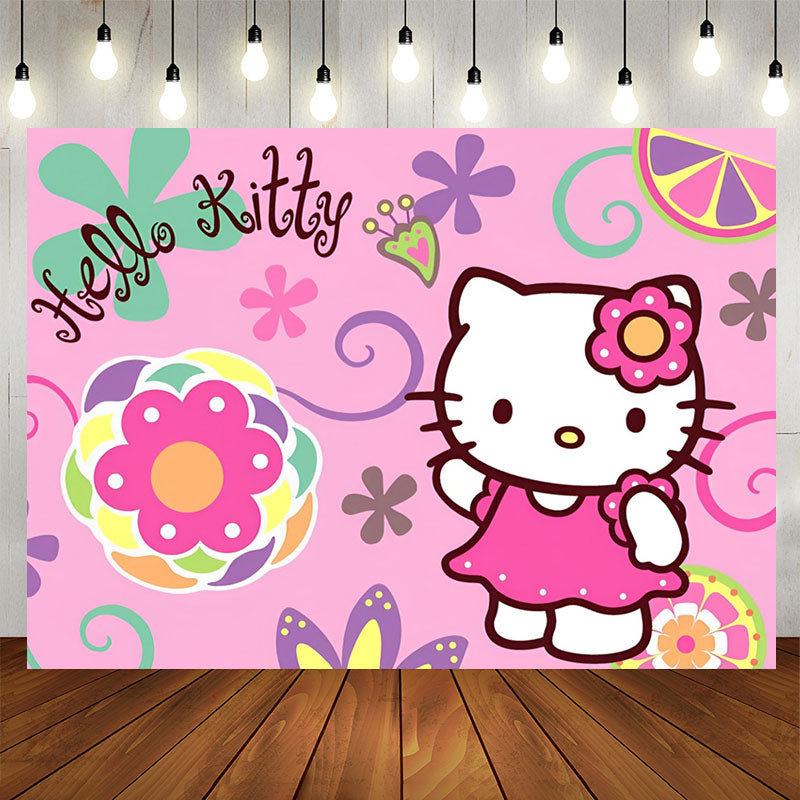 Aperturee - Cartoon Floral Cat Pink Happy Birthday Backdrop