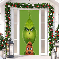 Aperturee - Cartoon Green Monster And Dog Christmas Door Cover
