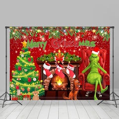 Aperturee - Cartoon Grinch Puppy Fireplace Tree Xmas Backdrop