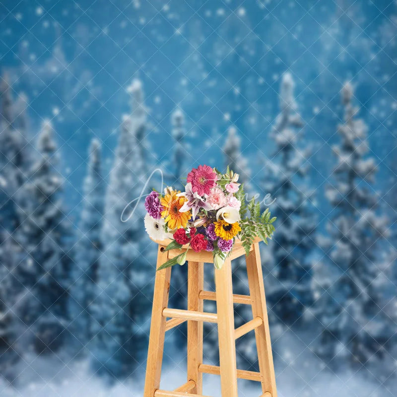 Aperturee - Cartoon Pine Forest Snowy Christmas Photo Backdrop