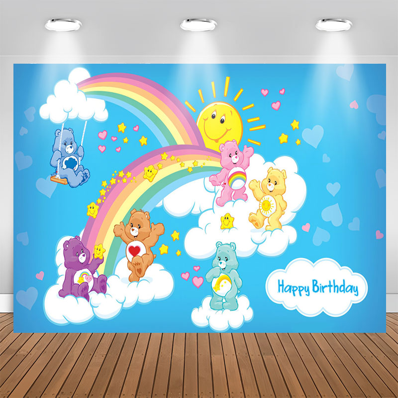 Aperturee - Cartoon Rainbow Cloud Bear Blue Birthday Backdrop