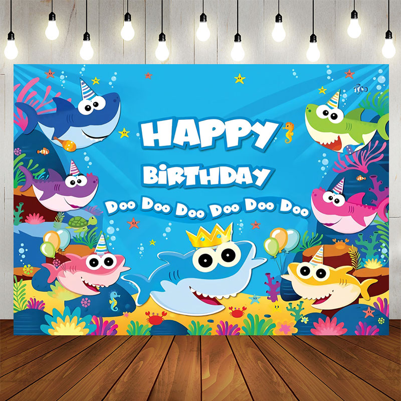 Aperturee - Cartoon Shark Happy Birthday Theme Backdrop for baby