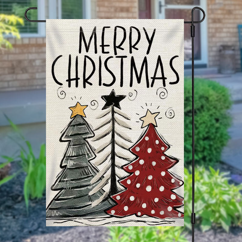 Aperturee - Cartoon Xmas Tree Burlap Merry Christmas Garden Flag