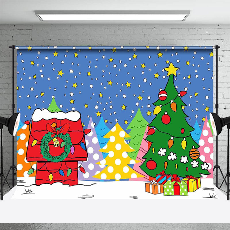 Aperturee - Cartoon Xmas Trees Star Red House Christmas Backdrop