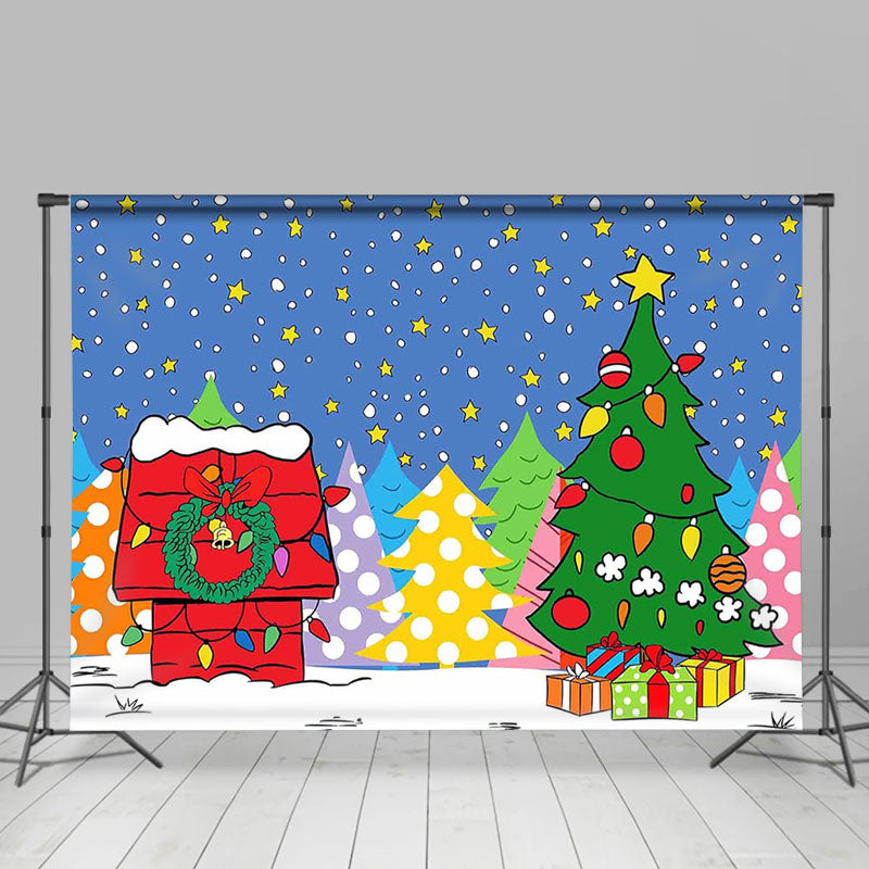 Aperturee - Cartoon Xmas Trees Star Red House Christmas Backdrop