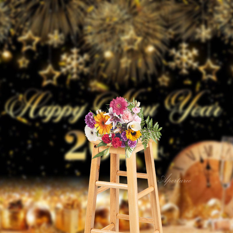 Aperturee - Champagne Sparkle Gold 2024 Happy New Year Backdrop