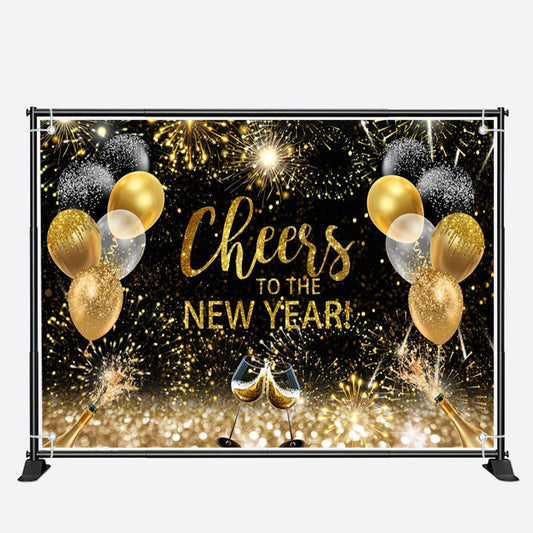 Aperturee - Cheers Sparkle Gold Black Balloon New Year Backdrop
