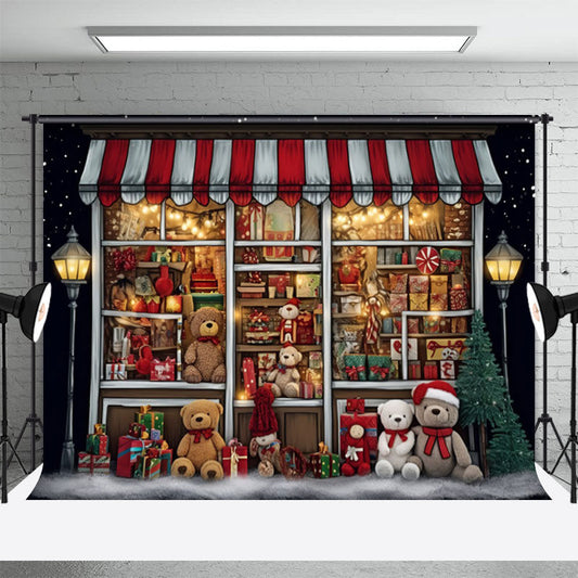 Aperturee - Christmas Gift Store Bear Portrait Photo Backdrop