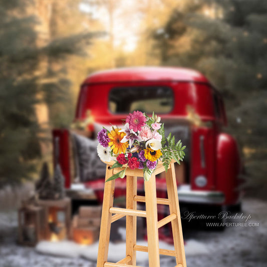 Aperturee - Christmas Outdoor Red Truck Gift Portrait Backdrop