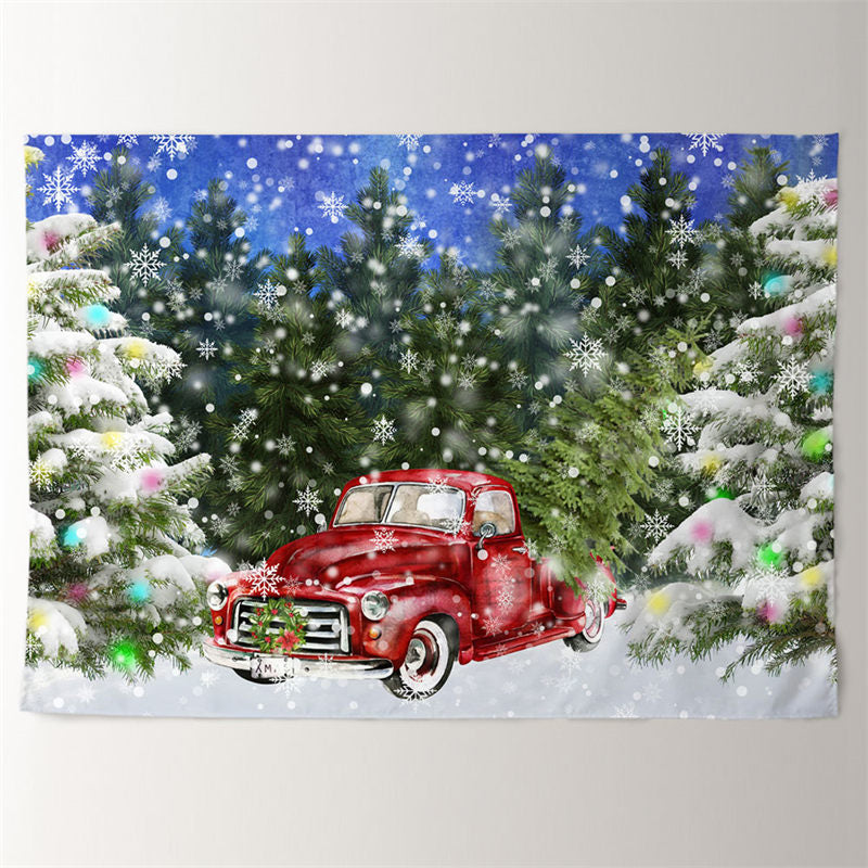 Aperturee - Christmas Red Car Snowy Forest Eve Party Backdrop