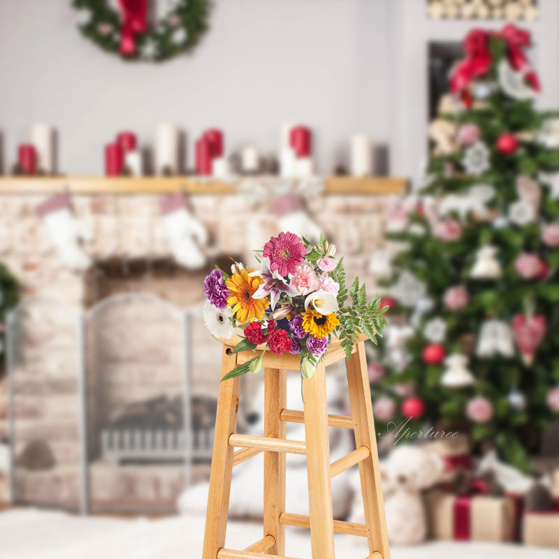 Aperturee - Christmas Tree Brick Fireplace Bear Wreath Backdrop