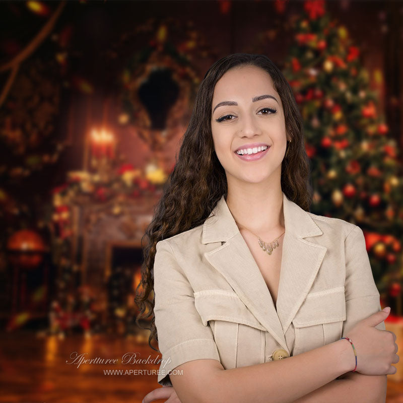 Aperturee - Christmas Tree Fireplace Vintage Photo Backdrop