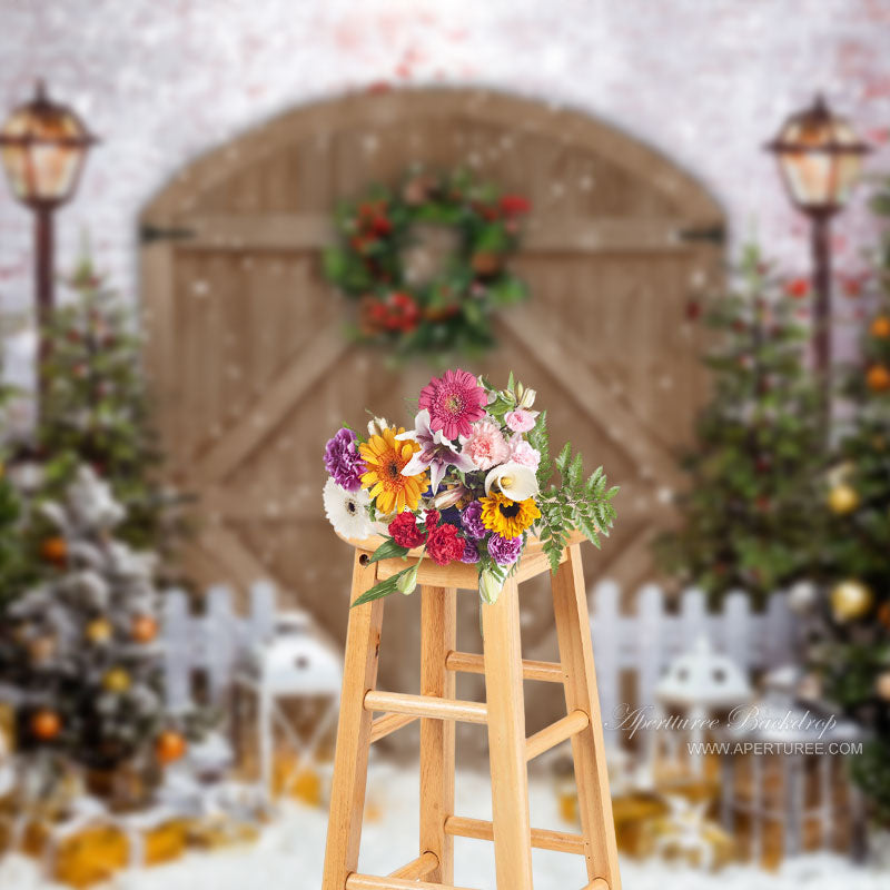 Aperturee - Christmas Tree Wreath Brown Gate Photo Backdrop
