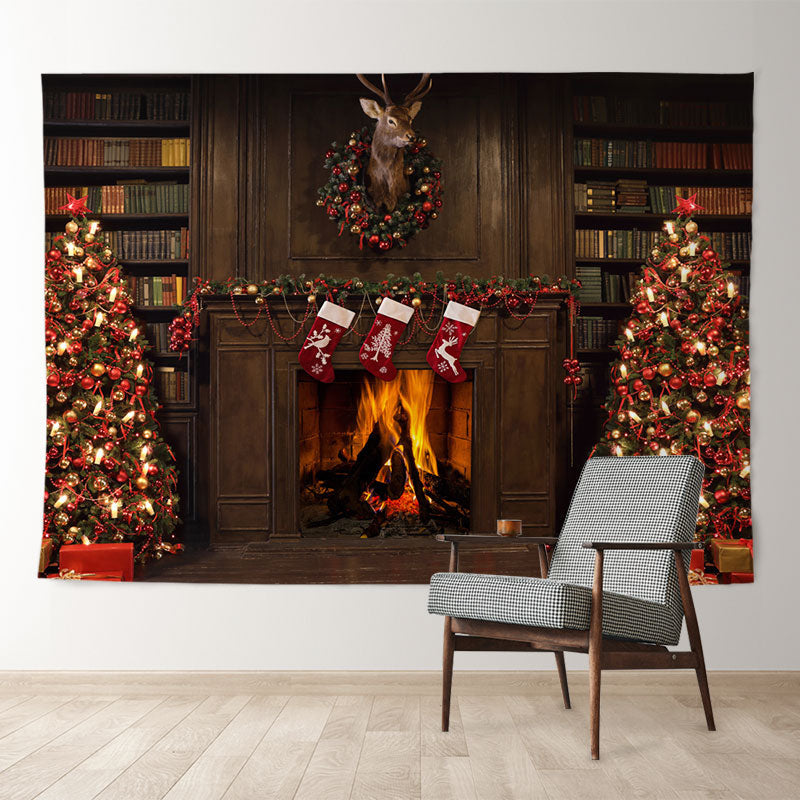 Aperturee - Christmas Wreath With Trees Night Holiday Backdrop